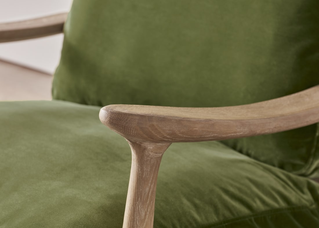 Squishbag Accent Chair in Whitewashed Oak in Grass Clippings Green Velvet