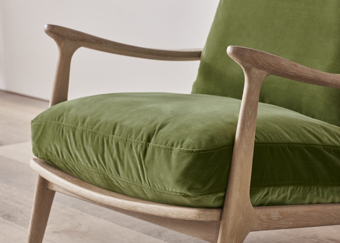 Squishbag Accent Chair in Whitewashed Oak in Grass Clippings Green Velvet