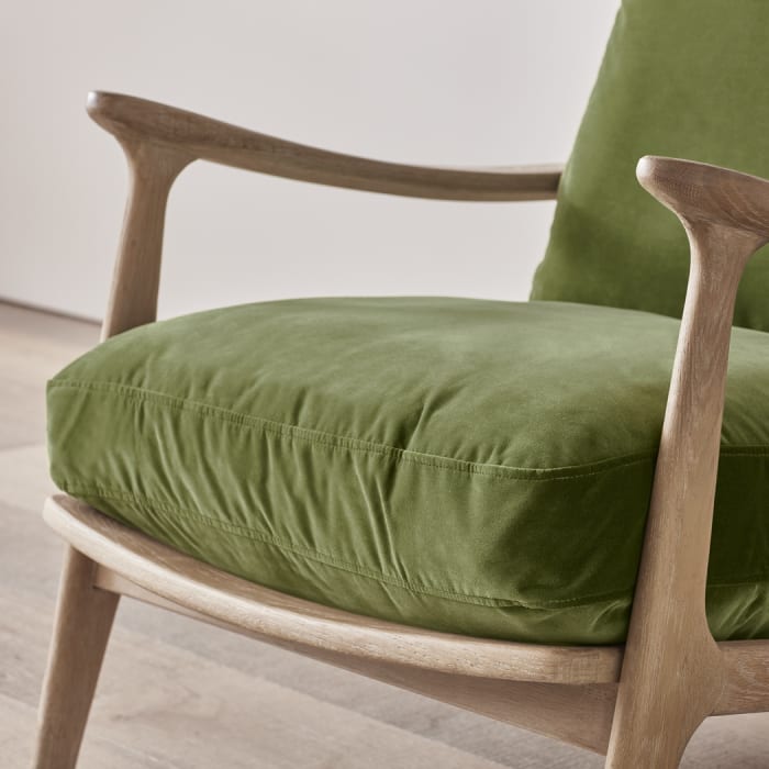 Squishbag Accent Chair in Whitewashed Oak in Grass Clippings Green Velvet