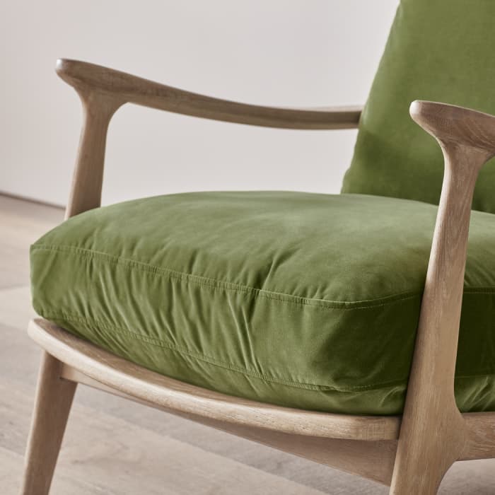 Squishbag Accent Chair in Whitewashed Oak in Grass Clippings Green Velvet