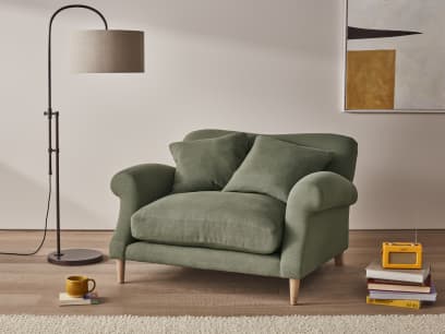 Crumpet Love Seat in Waxed Jacket Green Linen