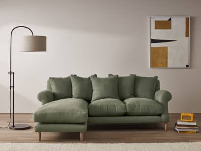 Crumpet Chaise Large Left Hand in Waxed Jacket Green Linen