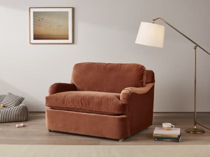 Jonesy Loveseat Sofa Bed in Broken Pot Orange Velvet