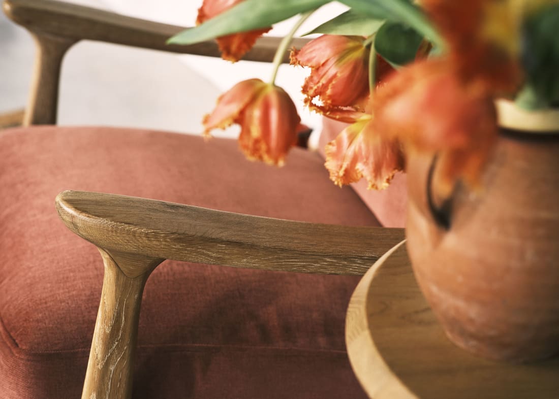 Squishbag Accent Chair in Whitewashed Oak in Quince Jam Red Chenille