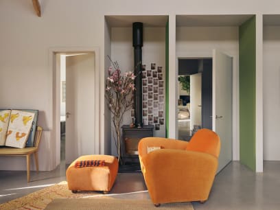 Nightcap Accent Chair with Footstool in Bobbing Buoy Orange Velvet