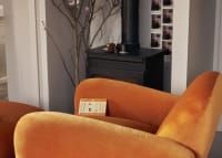 Nightcap Accent Chair with Footstool in Bobbing Buoy Orange Velvet