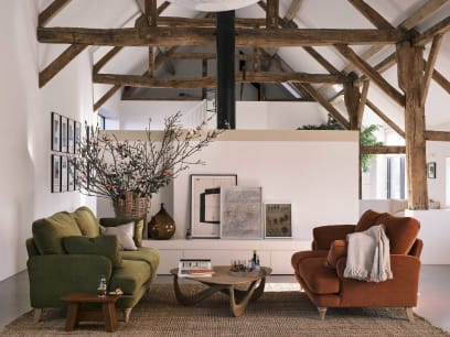 Smithy Sofa in Pressed Olives Green Chenille and Broken Pot Orange Chenille