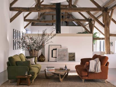 Smithy Sofa in Pressed Olives Green Chenille and Broken Pot Orange Chenille