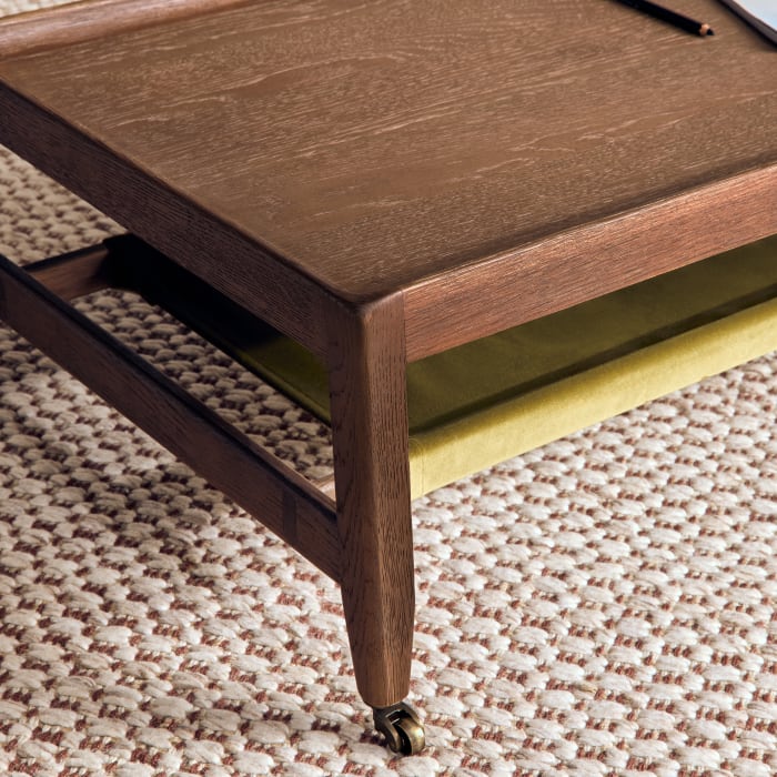 Slingshot Coffee Table in Pressed Olives Velvet and Dark Oak