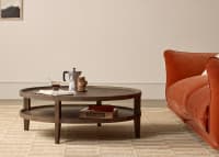 Hobnob Coffee Table in Dark Oak in Broken Pot Orange Clever Velvet