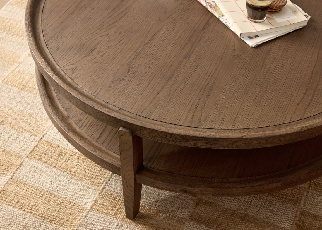 Hobnob Coffee Table in Dark Oak in Broken Pot Orange Clever Velvet