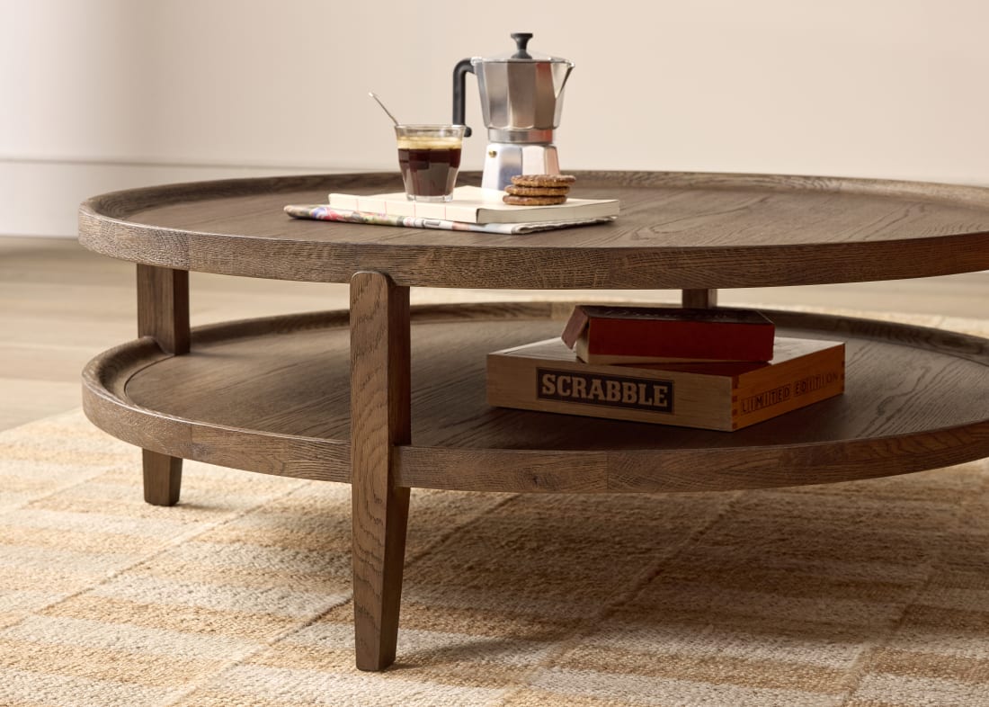 Hobnob Coffee Table in Dark Oak in Broken Pot Orange Clever Velvet
