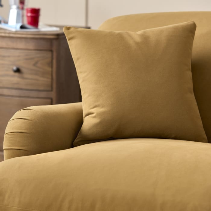 Kingpin Love Seat in Treacle Tart Yellow Twill with Dark Oak Legs