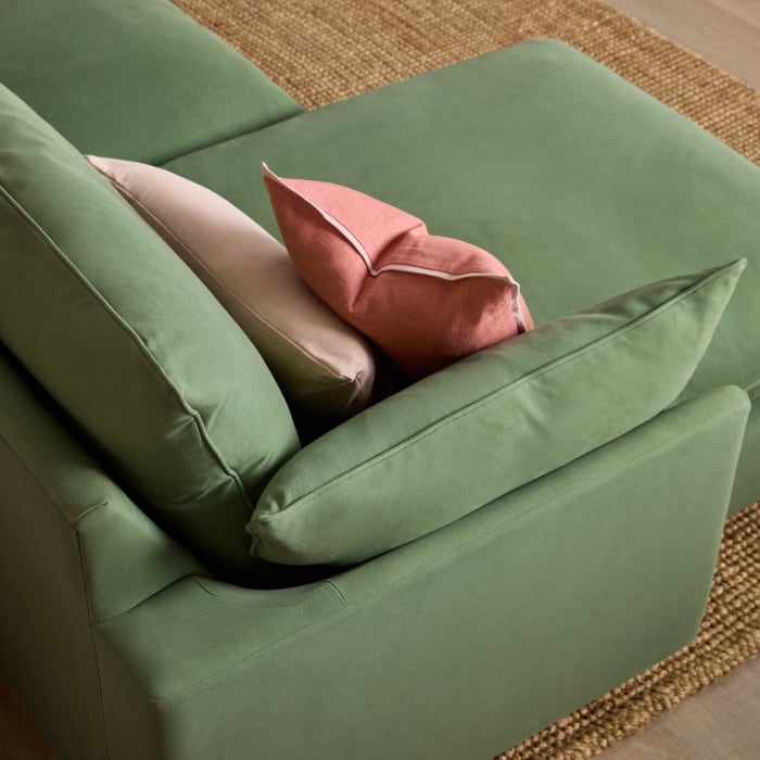 Slow Riser Chaise Sofa Bed in Mint Tea Green Twill with Dark Oak Legs