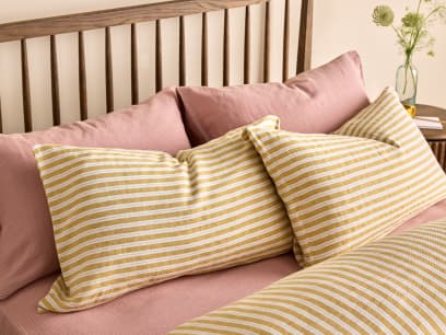 ITEM-002027 Double Stripey Slubby Linen Set of 2 Pillowcases OCHRE AND TEAL Main HR