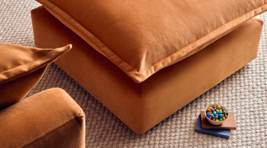 Weekender Footstool in Bobbing Bouy Orange Chenille