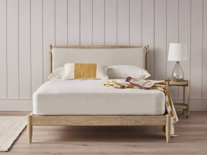 Bagel Bed in Light Oak in Whipped Cream Clever Boucle