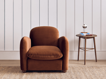 Nightcap Accent Chair with Footstool in School Satchel Brown Clever Velvet