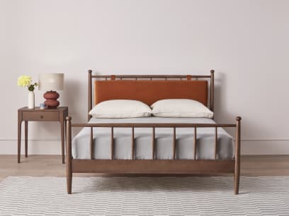Poppins Bed in Dark Oak in Bobbing Buoy Orange Velvet
