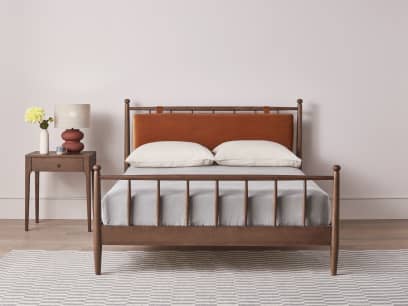 Poppins Bed in Dark Oak in Bobbing Buoy Orange Velvet