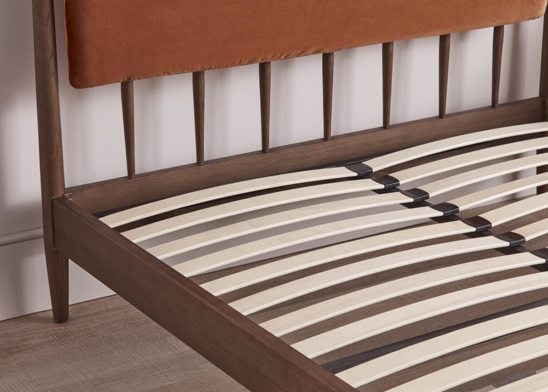 Poppins Bed in Dark Oak in Bobbing Buoy Orange Velvet
