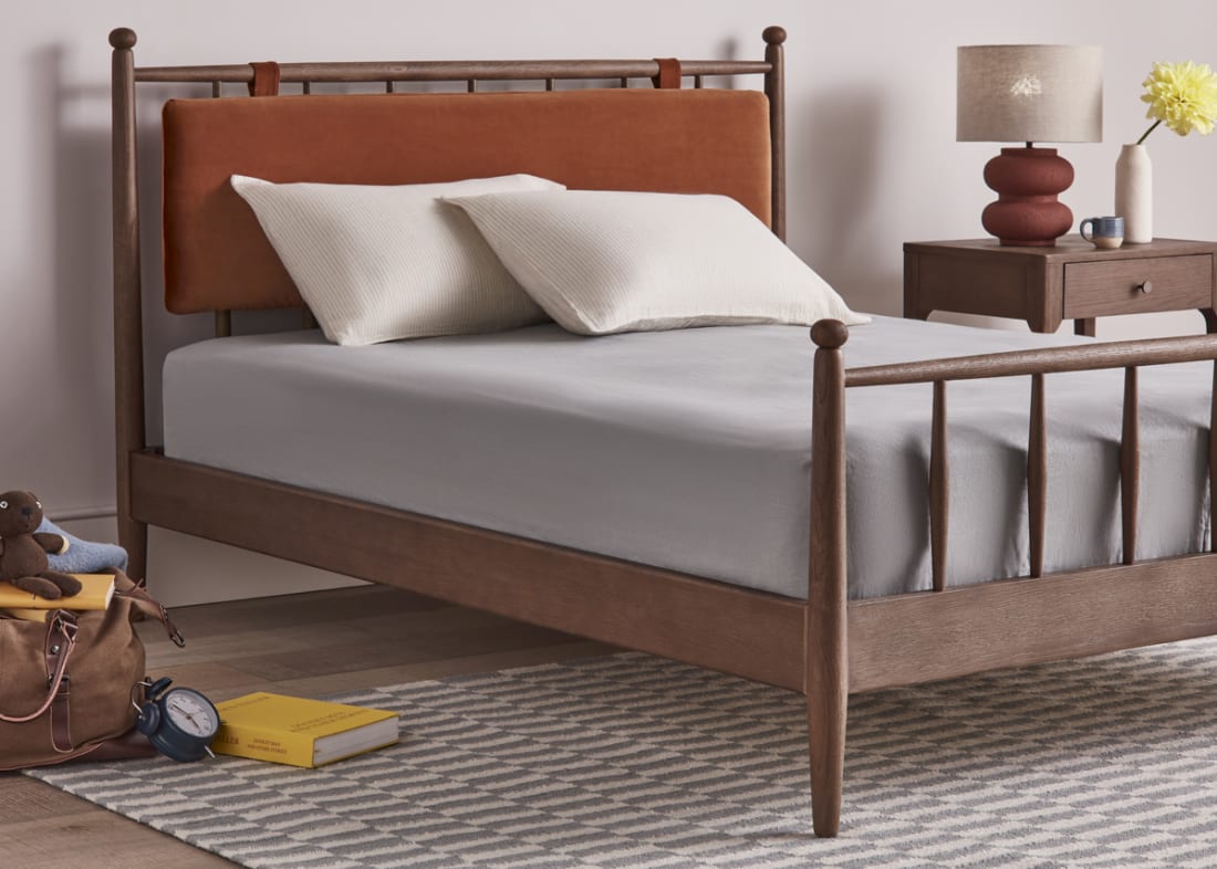 Poppins Bed in Dark Oak in Bobbing Buoy Orange Velvet