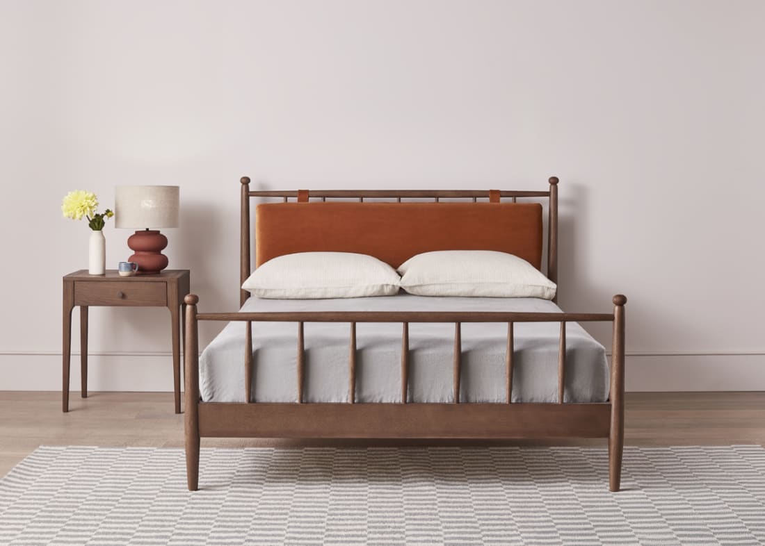 Poppins Bed in Dark Oak in Bobbing Buoy Orange Velvet