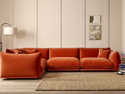 Blockbuster Modular Corner Sofa in Broken Pot Orange Velvet