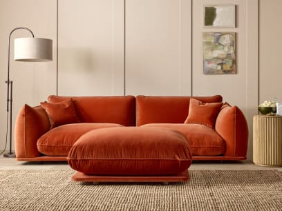 Blockbuster Modular Sofa + Footstool in Broken Pot Orange Velvet