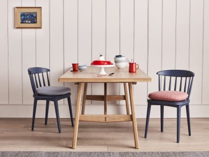 Painted Drummer Pair of Chairs in Shipping Forecast with Barney Kitchen Table and Soft Scoop Seat Pad