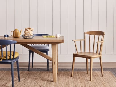 Drifter Kitchen Chair in Light Oak with the Barney Kitchen Table Painted Drummer Kitchen Chairs and Soft Scoop Seat Pad