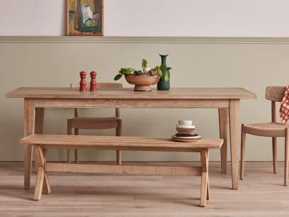 Bread Kitchen Table in Whitewashed Oak with Scooch Bench and Natterbox Kitchen Chairs