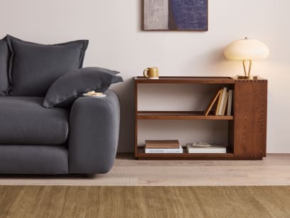Shelfie Side Table in Warm Ash with the Wodge Sofa and Shroomy Table Light