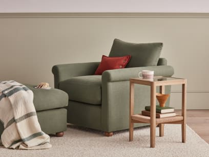Little Keepsake Side Table in Whitewashed Oak with the Queenie Armchair and Footstool