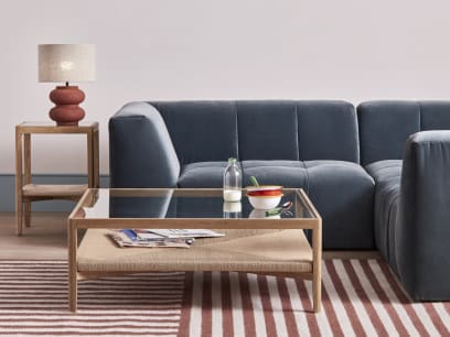 Square Keepsake Coffee Table in Light Oak with the Keepsake Side Table and Top of the Blocks Sofa