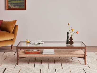 Rectangle Keepsake Coffee Table in Dark Oak with the Roddy Wool Rug
