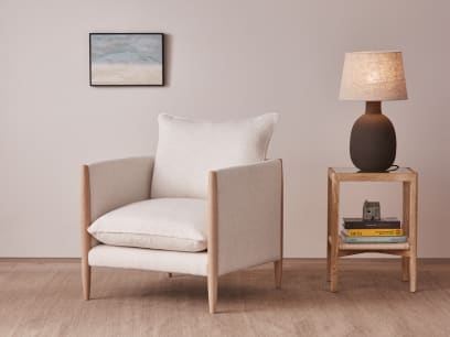 Spencer Accent Chair in Light Oak in Egg Box Beige Linen