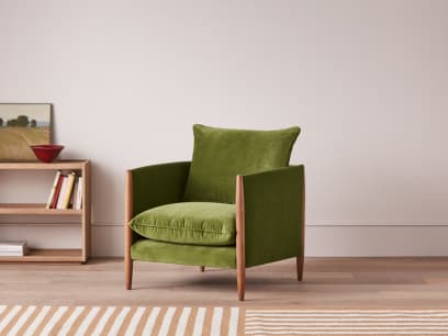 Spencer Accent Chair in Dark Oak in Grass Clippings Green Velvet