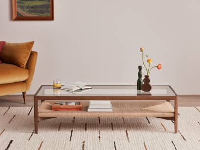 Rectangle Keepsake Coffee Table in Dark Oak with the Roddy Wool Rug