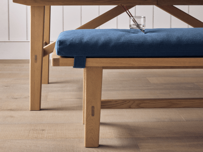 Budge Bench in Light Oak in Leaky Pen Blue Slubby Cotton