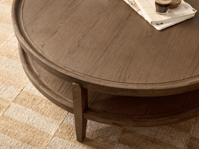 Hobnob Coffee Table in Dark Oak in Broken Pot Orange Clever Velvet