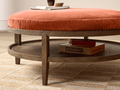Hobnob Coffee Table in Dark Oak in Broken Pot Orange Clever Velvet
