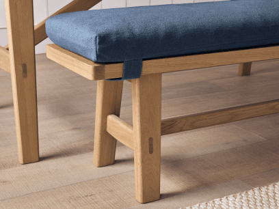 Budge Bench in Light Oak in Leaky Pen Blue Slubby Cotton