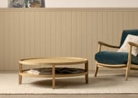 Hobnob Coffee Table in Light Oak in Sopping Seagrass Teal Velvet