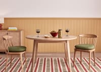 Pair of Drummer Kitchen Chairs in Light Oak with the Parquet Kitchen Table and Soft Scoop Seat Pads