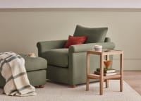 Little Keepsake Side Table in Whitewashed Oak with the Queenie Armchair and Footstool