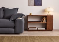 Shelfie Side Table in Warm Ash with the Wodge Sofa and Shroomy Table Light
