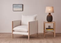 Spencer Accent Chair in Light Oak in Egg Box Beige Linen