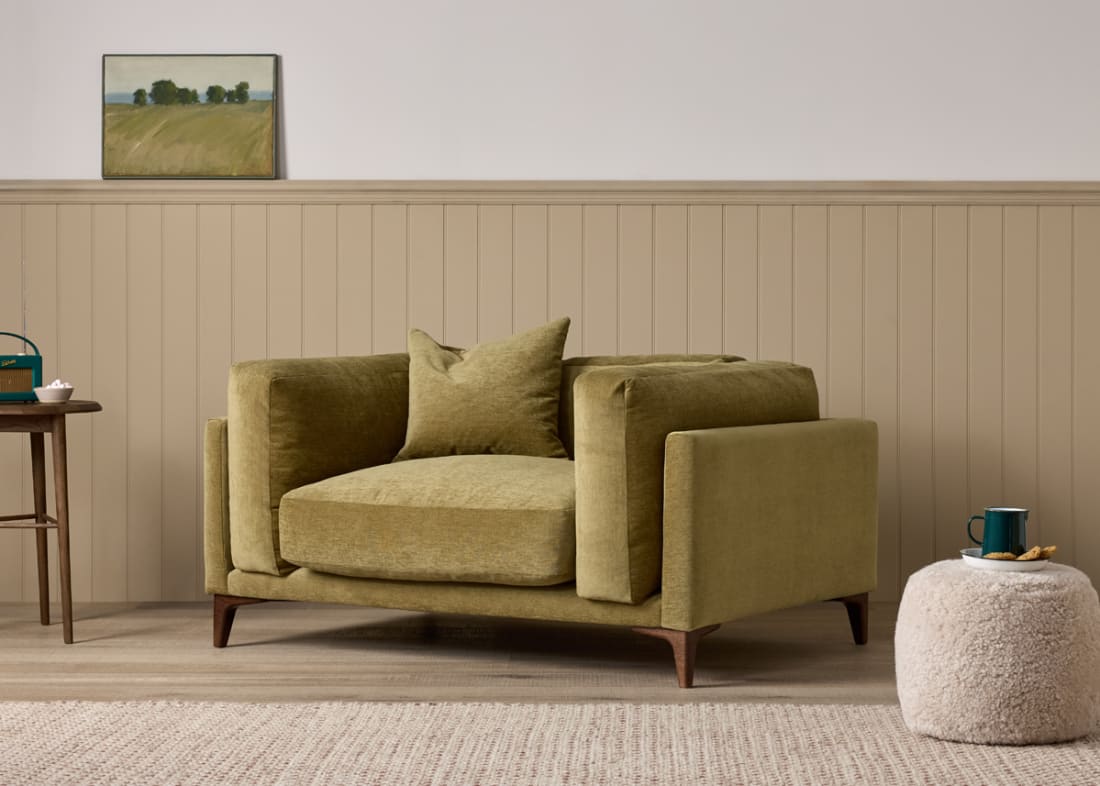 Basecamp Love Seat in Pressed Olives Green Chenille