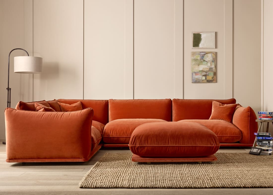 Blockbuster Modular Corner Sofa + Footstool in Broken Pot Clever Velvet